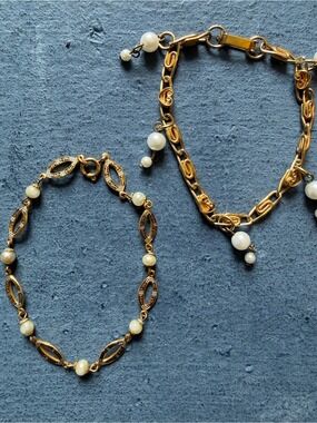 Vintage Gold Tone &Faux Pearl Bracelets,Set of 2